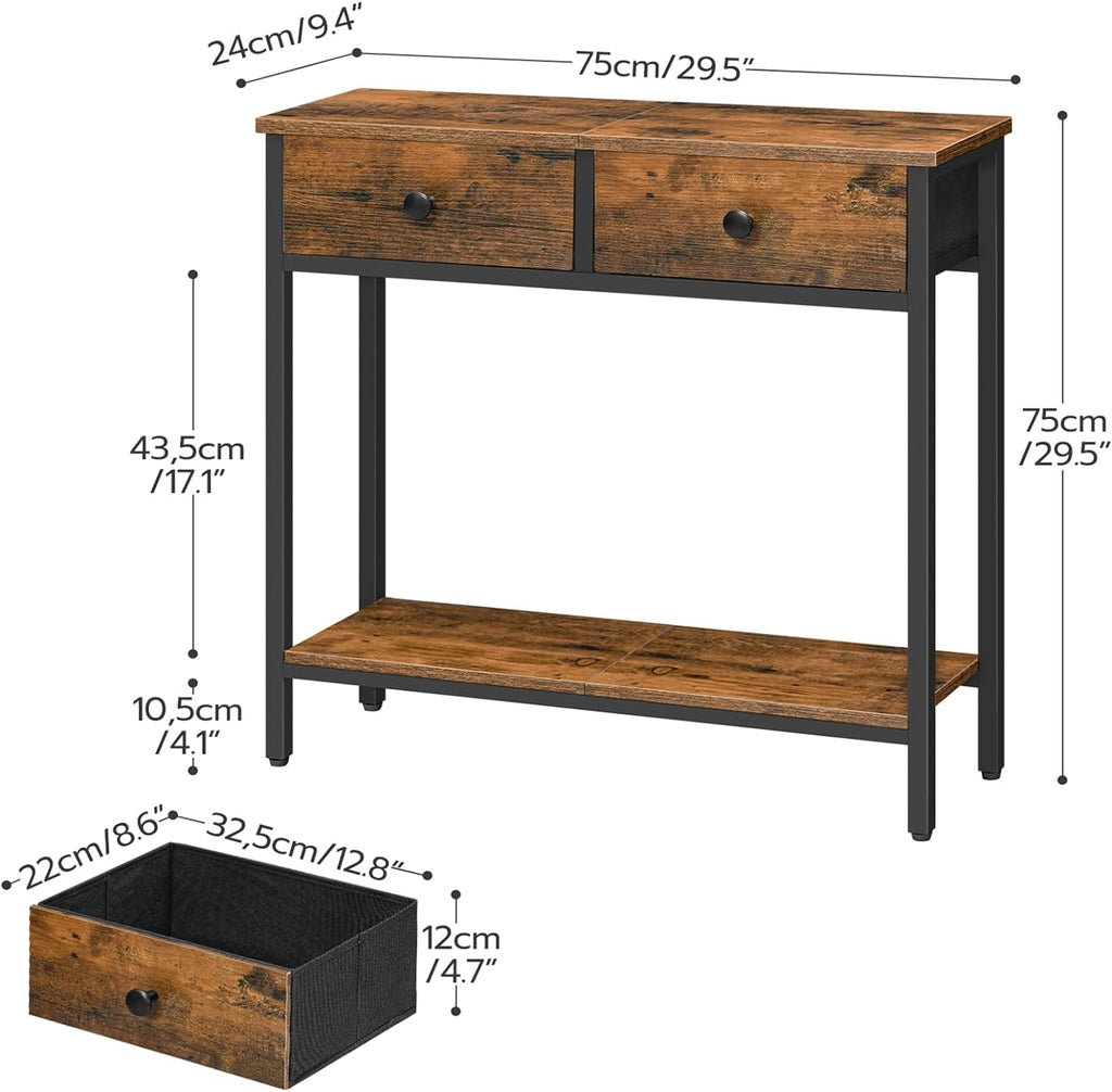 Rustic Brown and Black Narrow Console Table with 2 Fabric Drawers K707