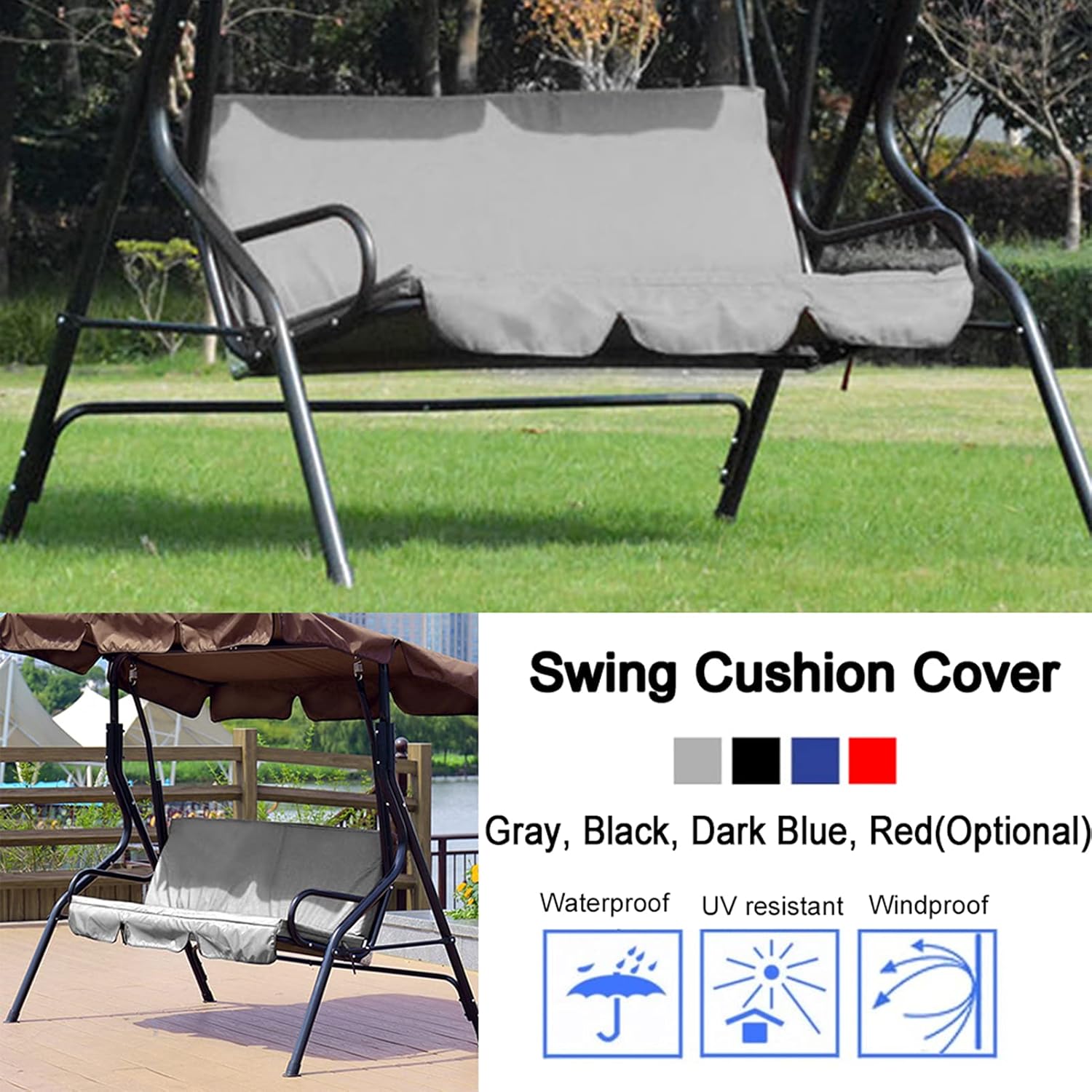 3 Seats Outdoor Canopy Swing Glider with Cushion Cover (Grey) V673