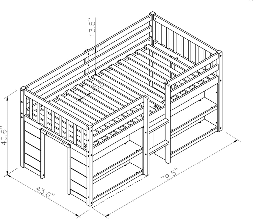 Grey LED Twin Low Loft Bed with Storage Shelves N651