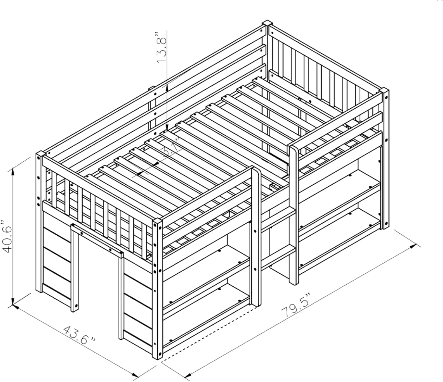 Grey LED Twin Low Loft Bed with Storage Shelves N651