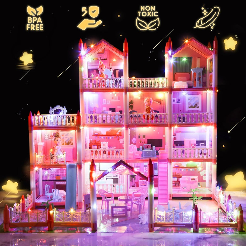 4-Story 15 Rooms Dollhouse with 3 Dolls, Lights, Furniture and Accessories P29161