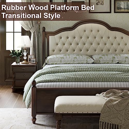 Walnut Queen Size Solid Bed Frame with Upholstered Tufted Headboard K136023