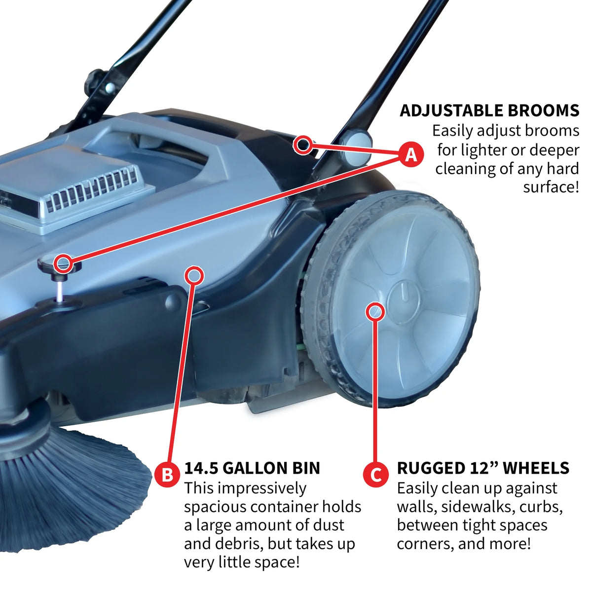 38" Walk Behind Push Sweeper with Triple Power Side Brooms I136773