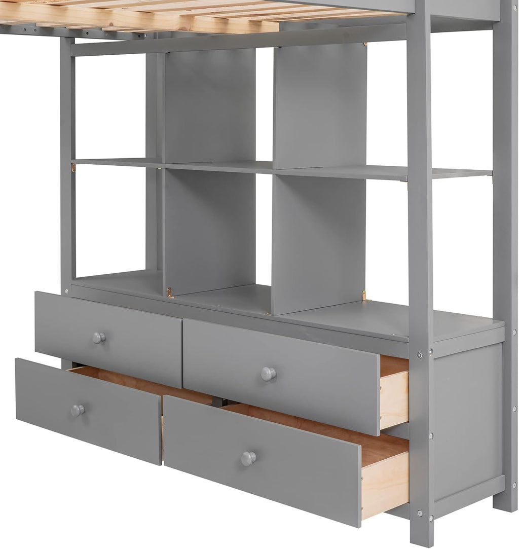 Full Size Solid Wood Loft Bed with Desk and 2 Drawers, Grey Q105