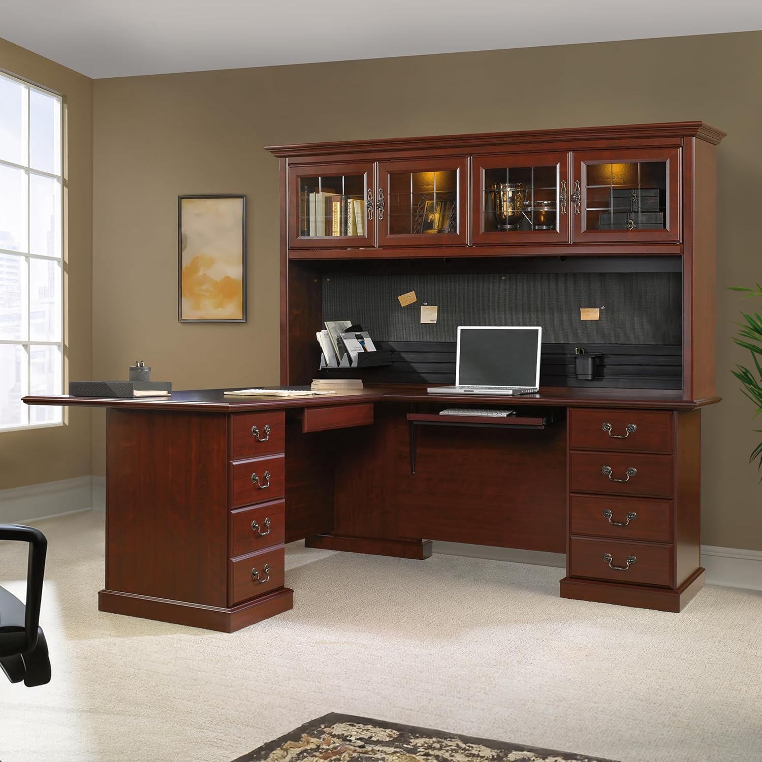 L-Shaped Desk with Hutch, Classic Cherry T781