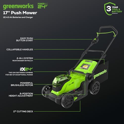 48V 17" Brushless Cordless Push Lawn Mower with 4.0Ah Batteries and Dual Port Rapid Charger D79665