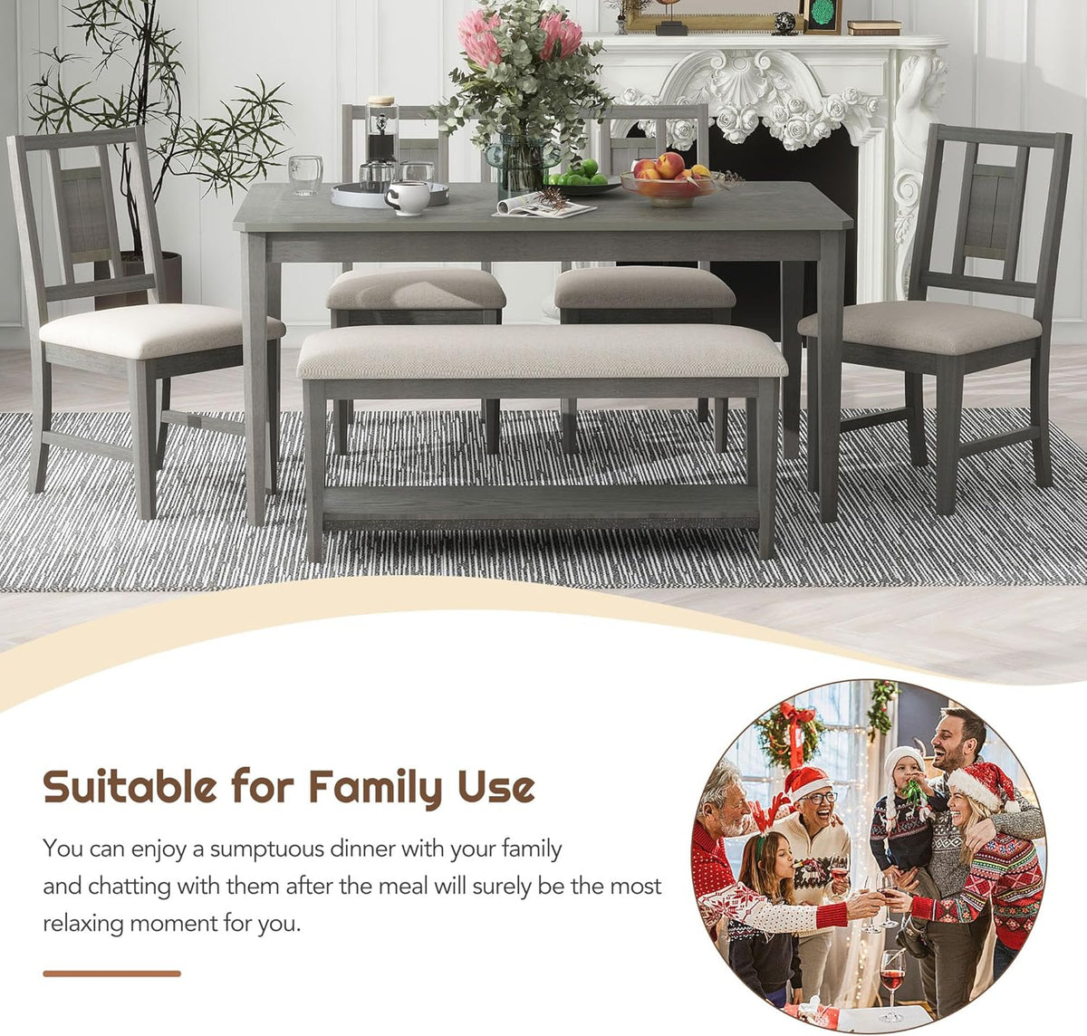 6-Piece Dining Table Set with 4 Upholstered Chairs and 1 Bench, Solid Wood, Dark Gray R132579