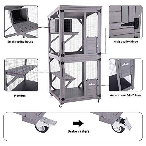 Large Wooden Catio with Run on Wheels (grey) P397364
