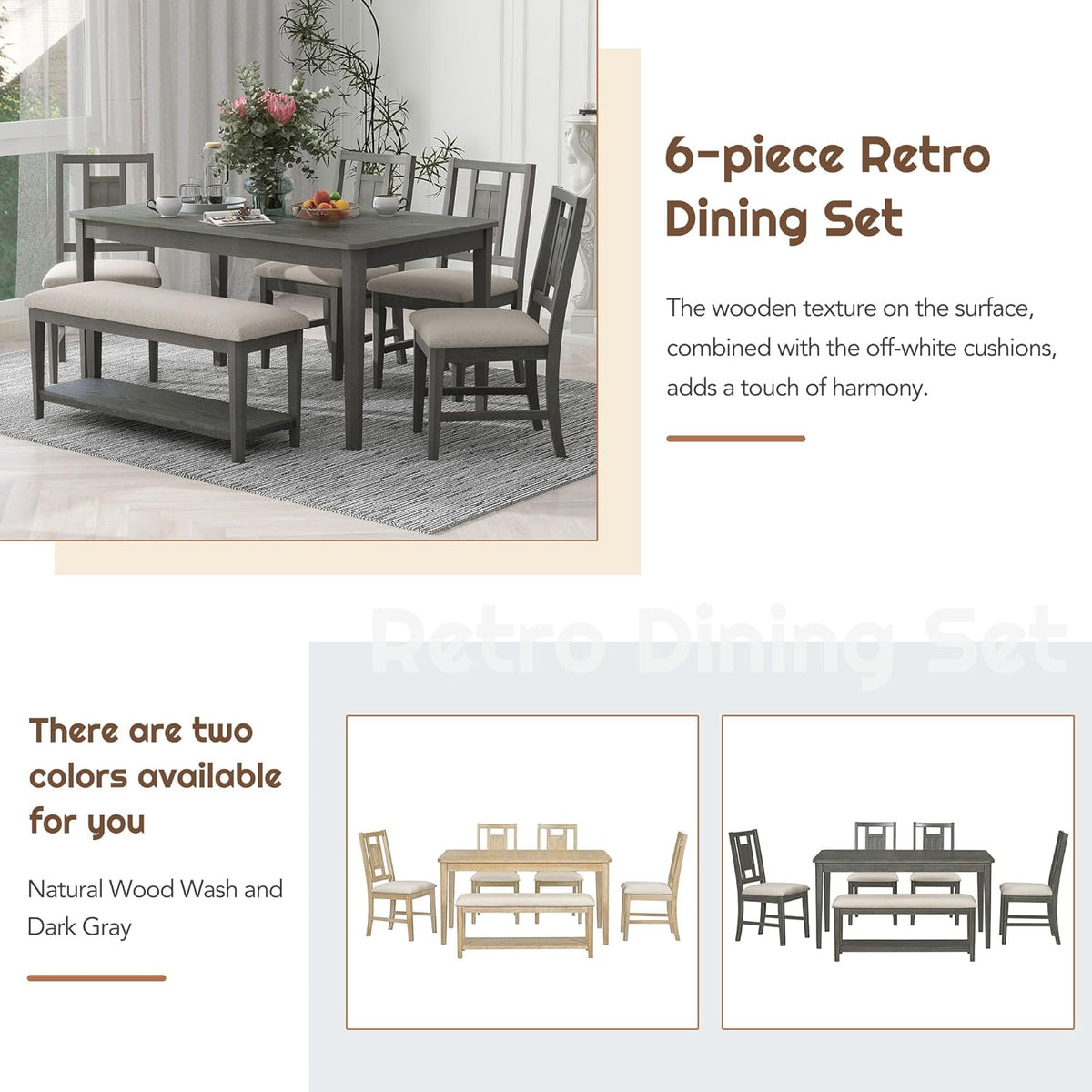 6-Piece Dining Table Set with 4 Upholstered Chairs and 1 Bench, Solid Wood, Dark Gray R132579