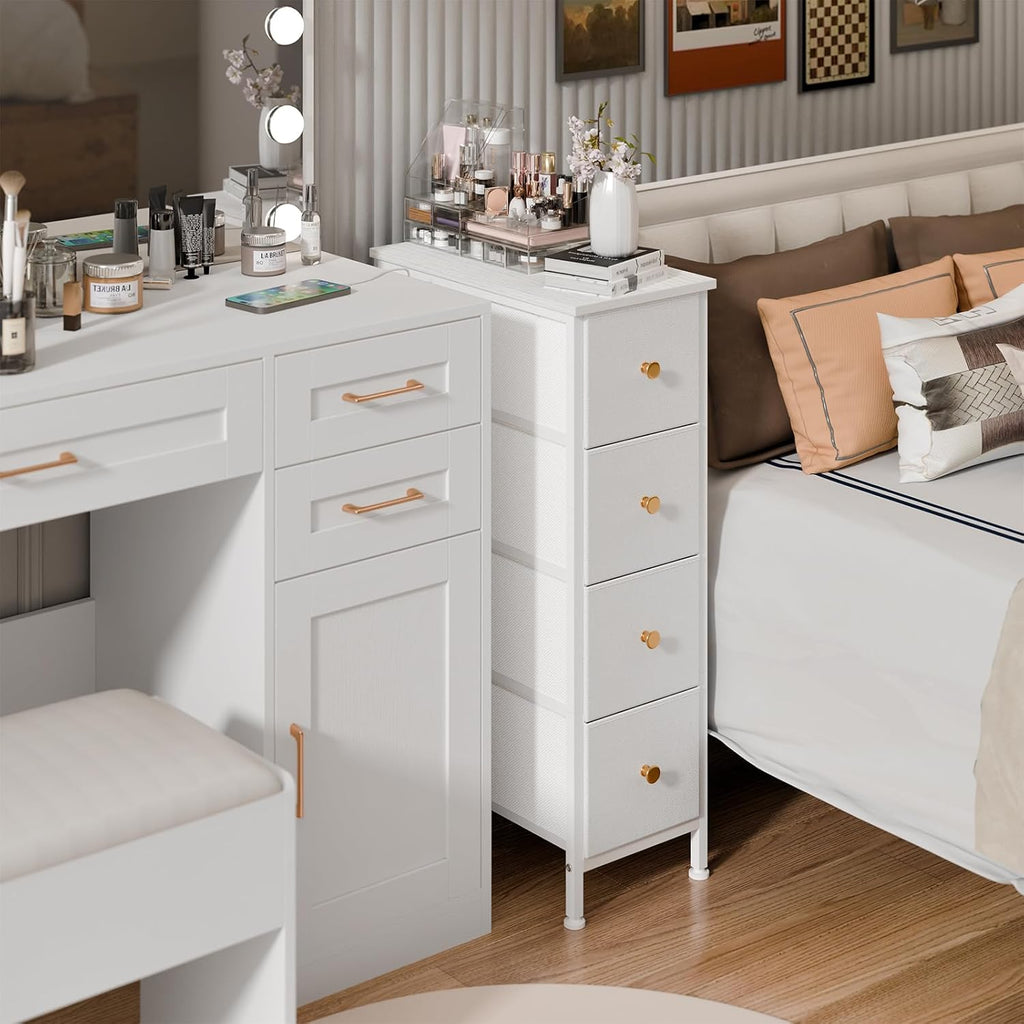 White 4 Drawer Slim Fabric Dresser with Steel Frame and Wood Top C699796