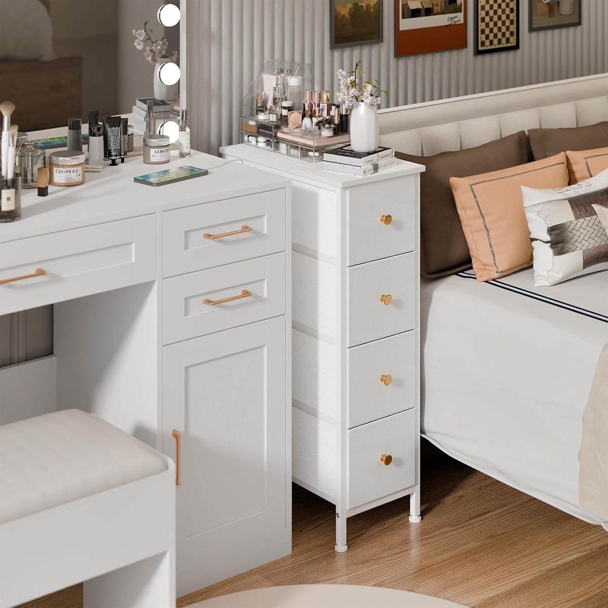 White 4 Drawer Slim Fabric Dresser with Steel Frame and Wood Top C699796