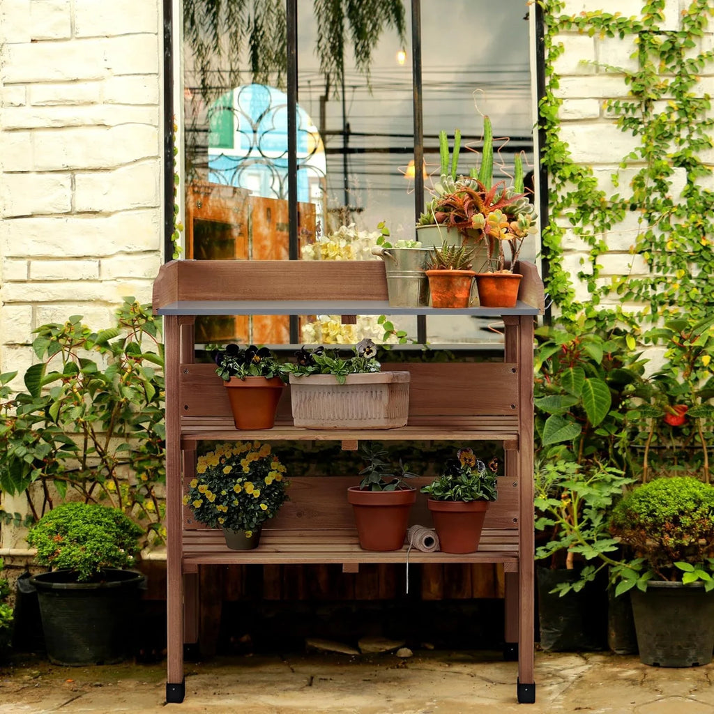 Brown Wooden Potting Bench with Metal Tabletop and Storage Shelf G62342