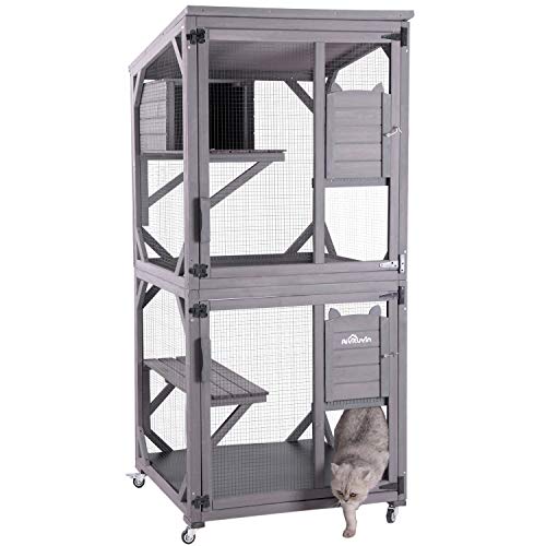Large Wooden Catio with Run on Wheels (grey) P397364