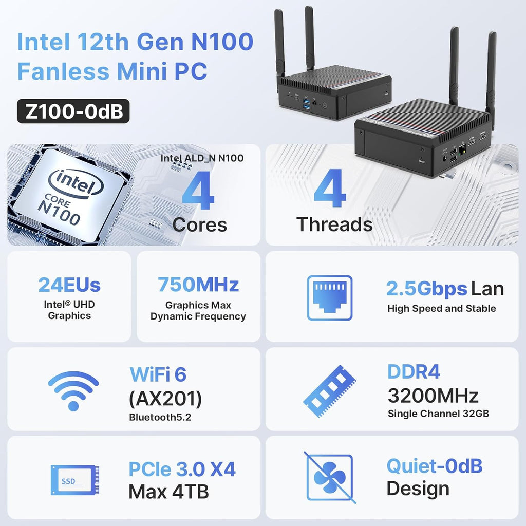 Fanless Mini PC, Intel 12th Gen N100, 16GB DDR4, 512GB SSD, Windows 11 Pro T29769