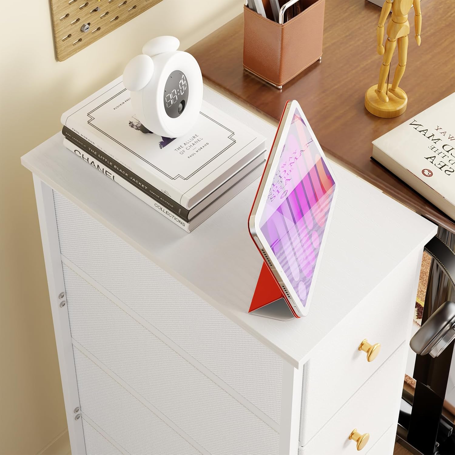 White 4 Drawer Slim Fabric Dresser with Steel Frame and Wood Top C699796