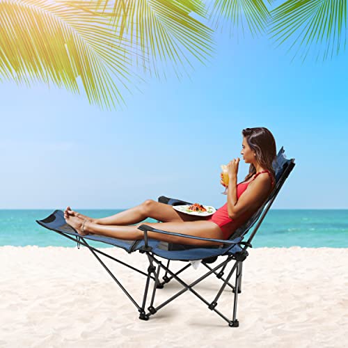 Camping Folding Chair with Foot Rest, Cup Holder, Removable Storage Bag (Blue) G9880