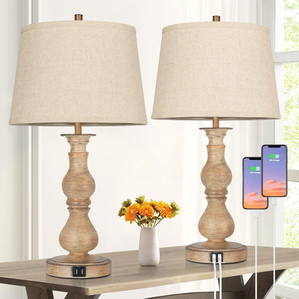 Set of 2 Touch Control Table Lamps with USB Ports, Cream Shades E164