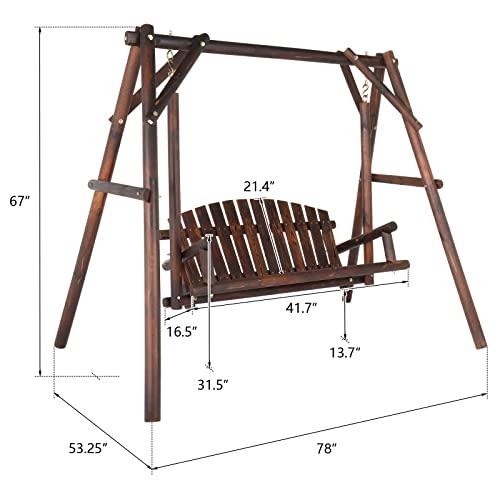 6.5' Outdoor Porch Swing Rustic Loveseat Solid Wooden Natural Log Garden Swing (Carbonized) B65676