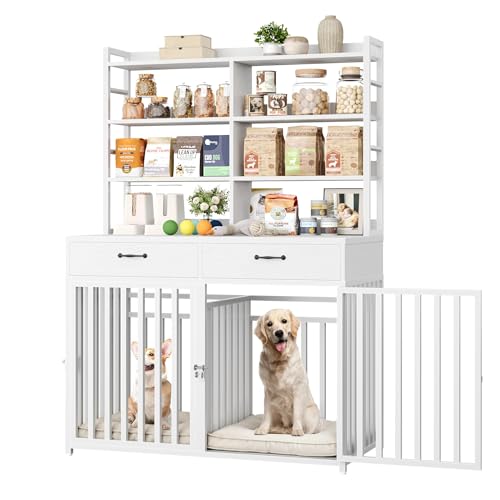 Black Wood & Metal Large Dog Crate Furniture with 4-Tier Shelves and 2 Storage Drawers T626099