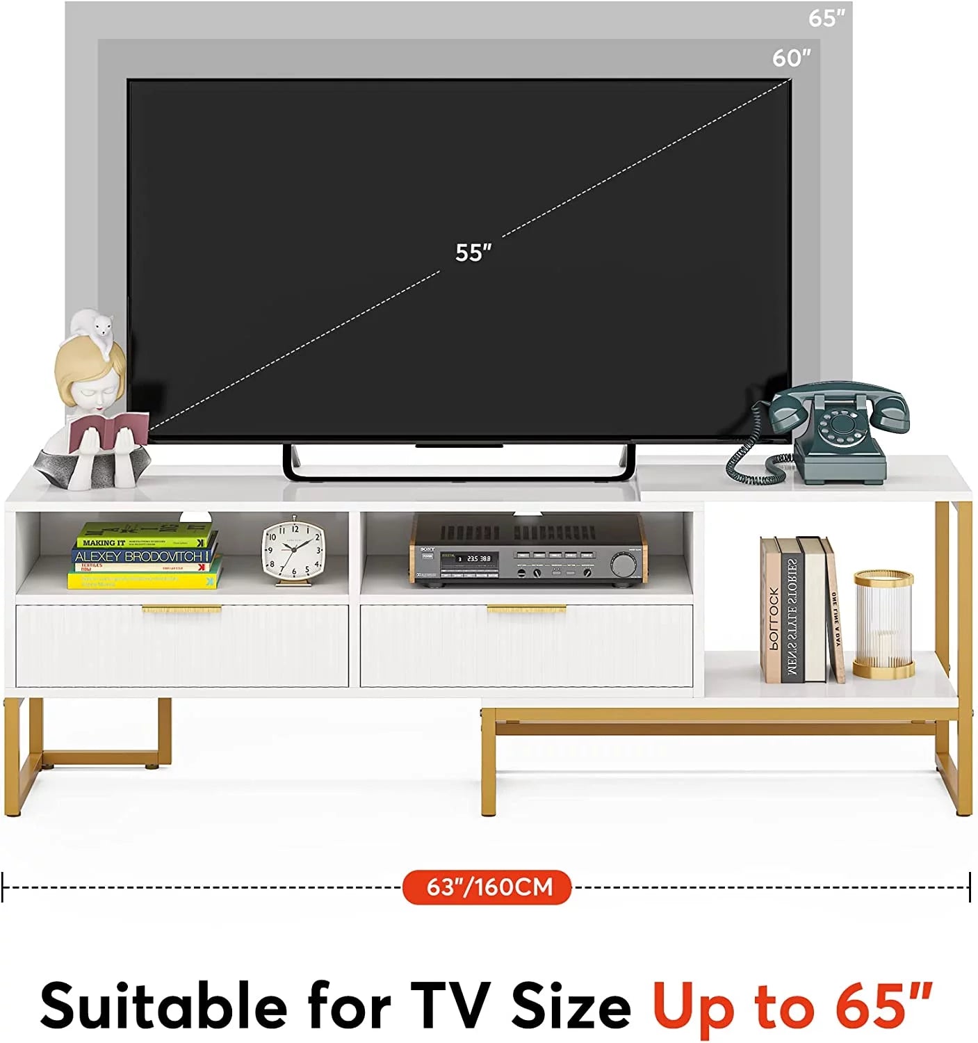 White and Gold TV Stand with 2 Drawers and Open Shelves C173
