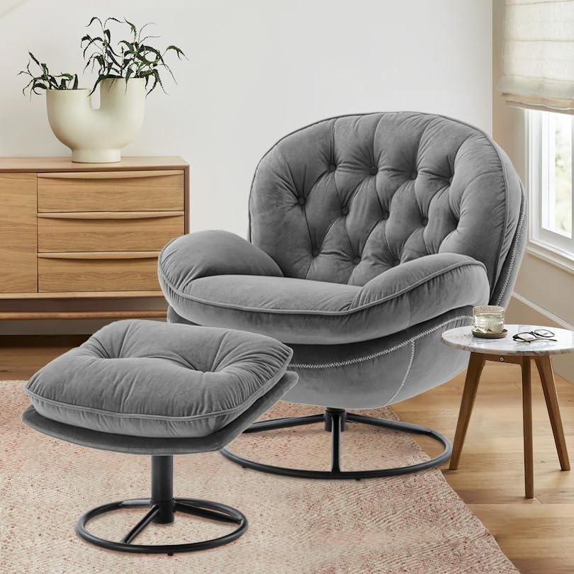 Gray Velvet Swivel Accent Chair with Ottoman Set L960