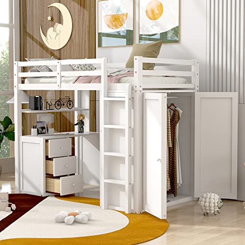 Full Loft Bed with Desk, Wood, Storage Drawers, Wardrobe and Shelf, Espresso R463950