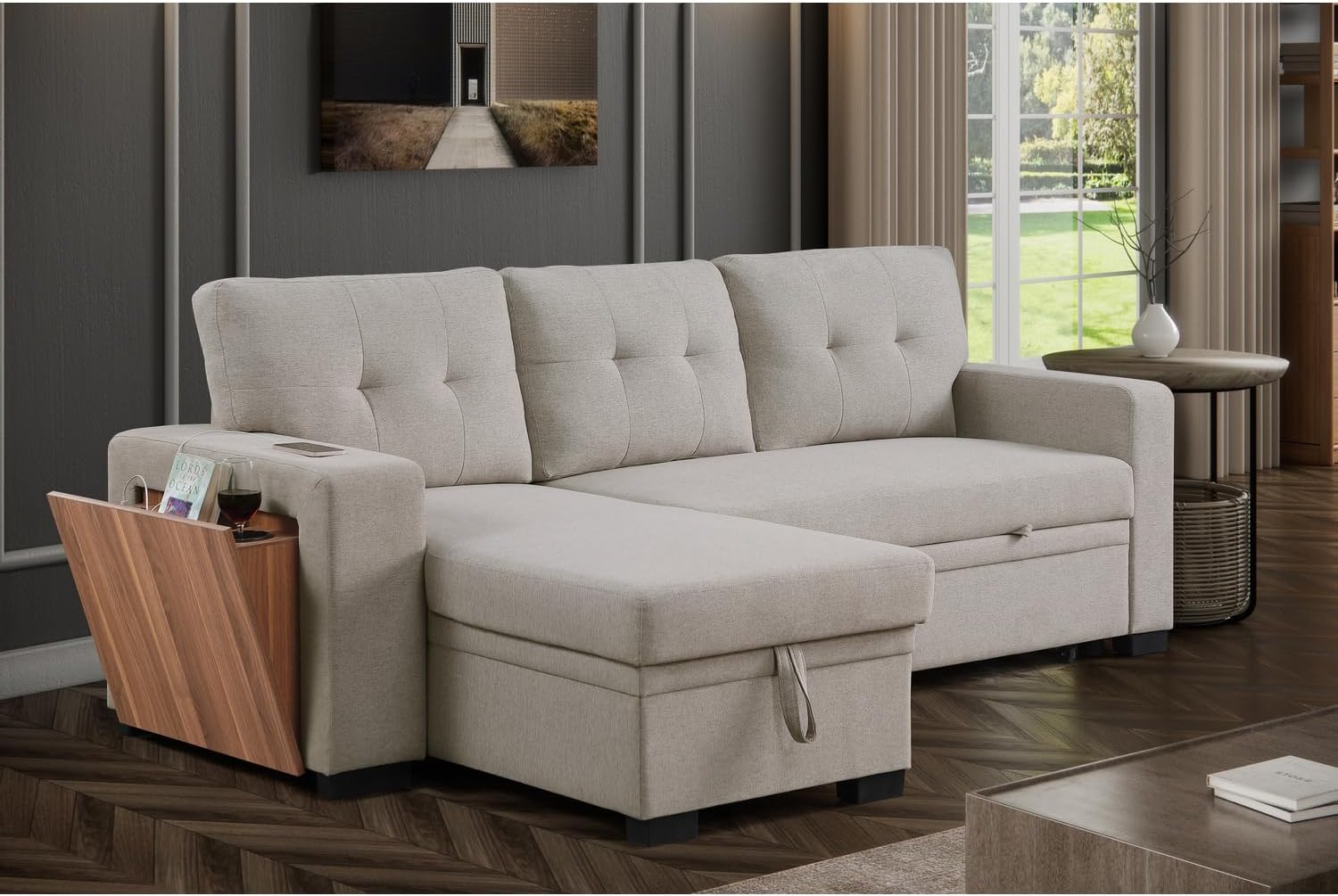Light Gray Polyester Fabric L-Shaped Sleeper Sectional Sofa Bed E597