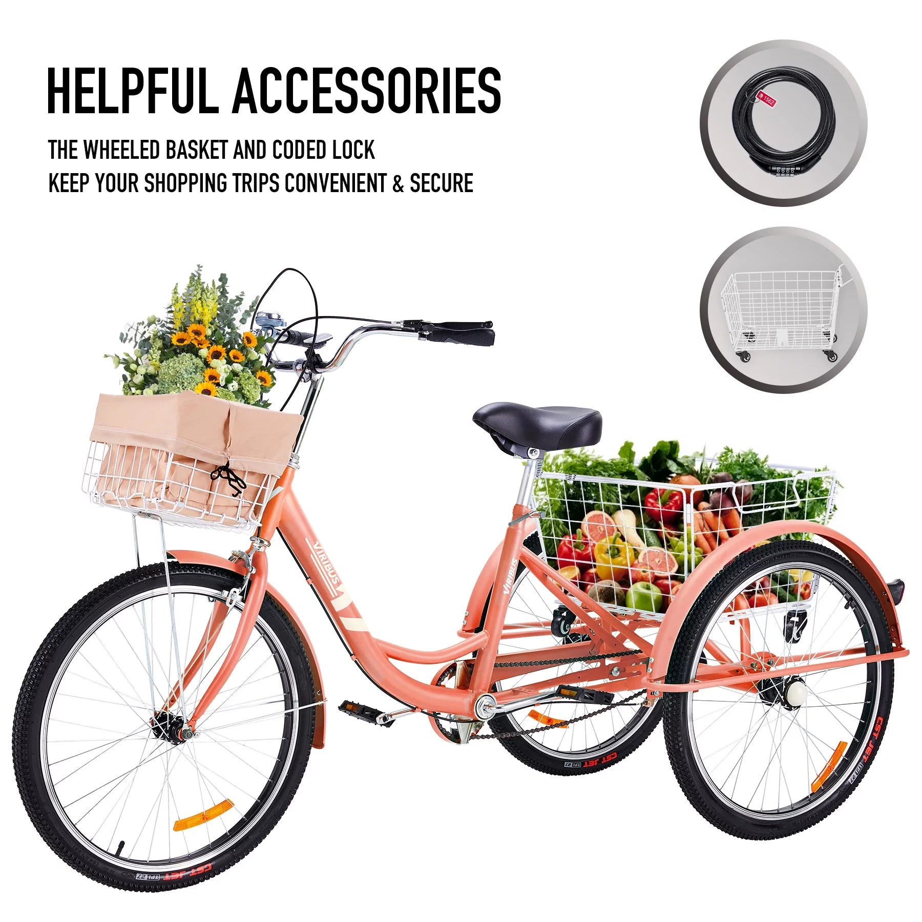 26 Inch Single Speed Adult Tricycle 3 Wheel Bike Pink E198