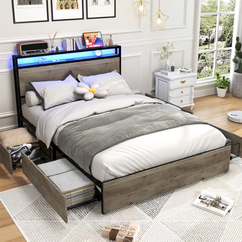 Black Full Size Bed Frame with Headboard, LED, 4 Storage Drawers, Charging Station Z969