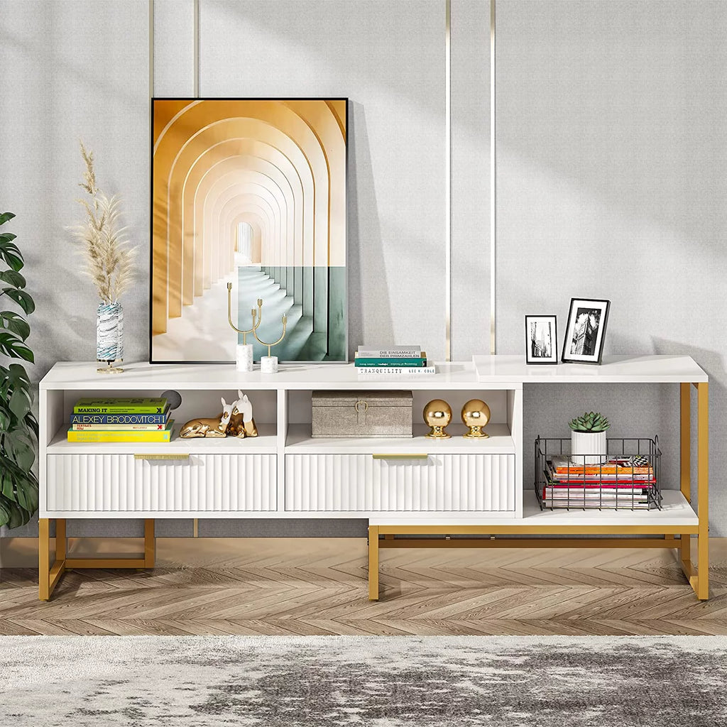 White and Gold TV Stand with 2 Drawers and Open Shelves C173