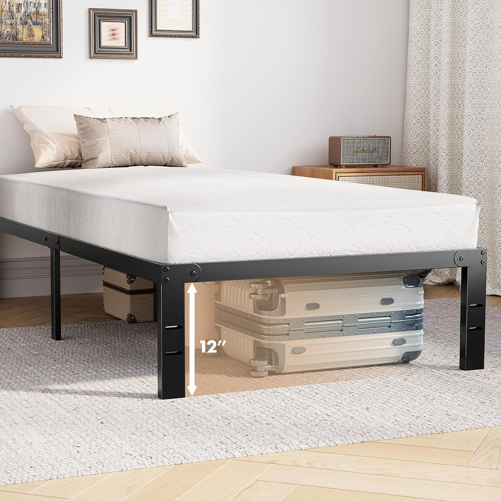 Twin Size Metal Platform Bed Frame with Steel Slat Support, Black K149