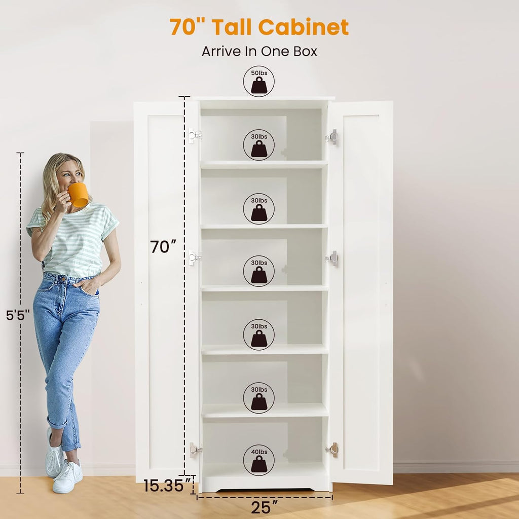 White 70" Tall Storage Cabinet with 2 Doors and 6 Adjustable Shelves W61862