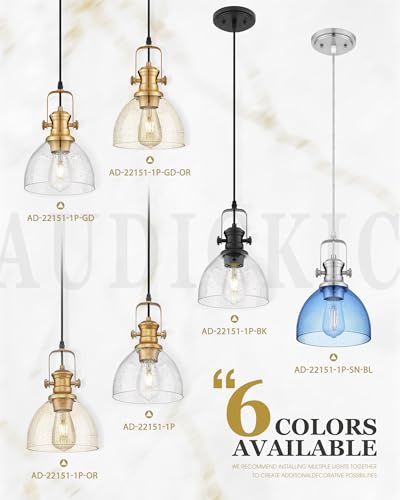 7.5" Farmhouse Pendant Lighting with Clear Seeded Glass Shade, Gold Wood Paint Finish Y76645
