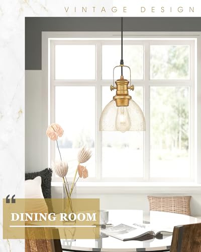 7.5" Farmhouse Pendant Lighting with Clear Seeded Glass Shade, Gold Wood Paint Finish Y76645