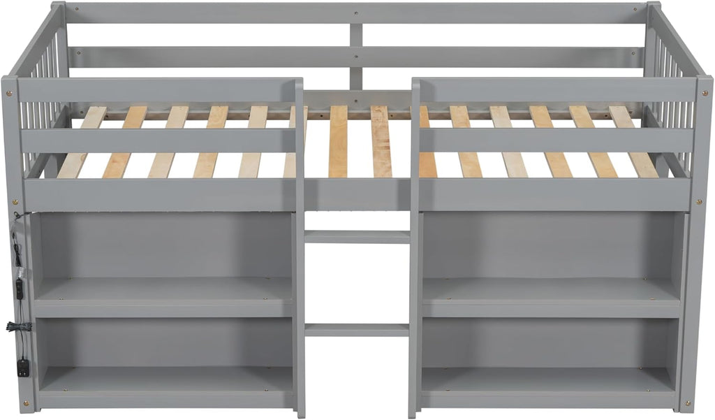Grey LED Twin Low Loft Bed with Storage Shelves N651