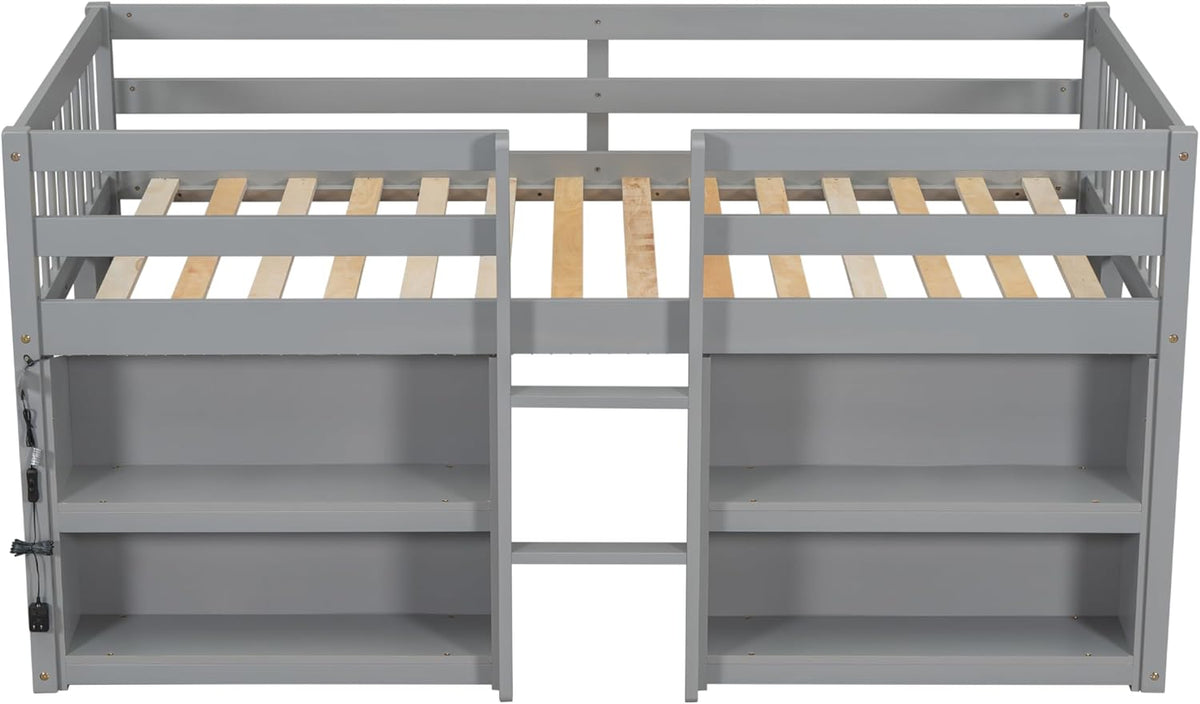 Grey LED Twin Low Loft Bed with Storage Shelves N651