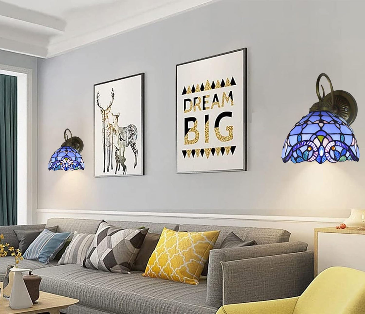 Set of Two Hand-Made Stained Glass Wall Sconce Light Fixtures, Blue R7373