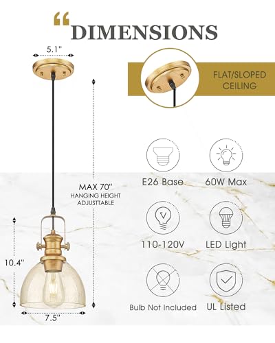 7.5" Farmhouse Pendant Lighting with Clear Seeded Glass Shade, Gold Wood Paint Finish Y76645
