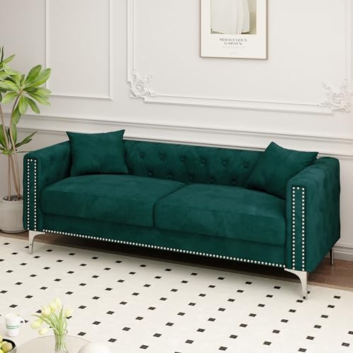 Blue Velvet 3 Seaters Sofa with Nailhead Decor and Metal Legs, 83" I30580