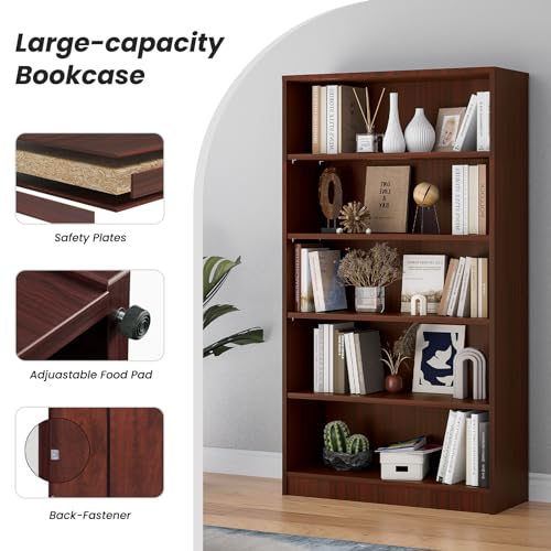 5 Shelf Wooden Bookcase, 60 Inch Height, Cherry P7194