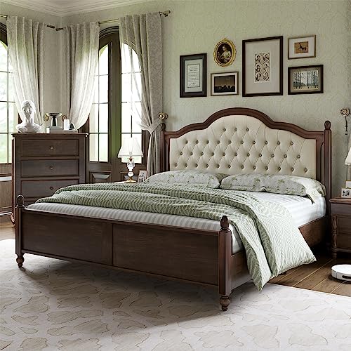 Walnut Queen Size Solid Bed Frame with Upholstered Tufted Headboard K136023