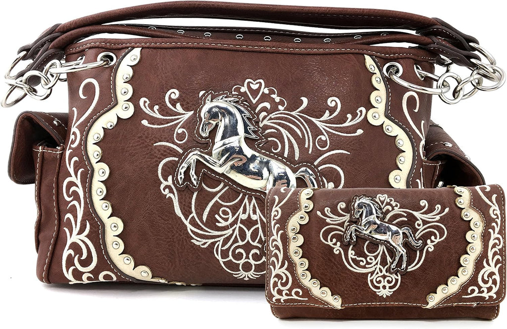 Brown Horse Embroidery Studded Concealed Carry Handbag Purse and Wallet O798
