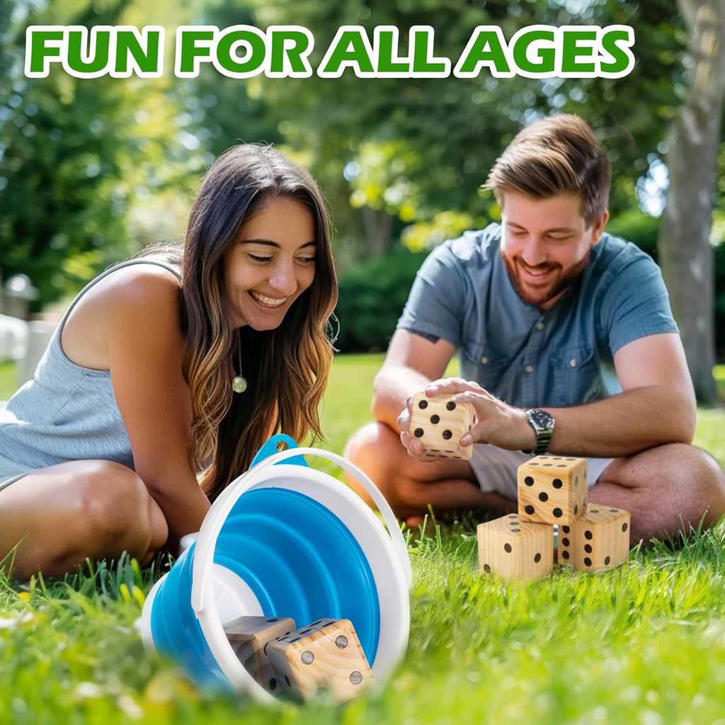 3.5" Wooden Yard Dice Set includes 6 Dice, Collapsible Bucket, Score Cards & Dry Erase Marker H263
