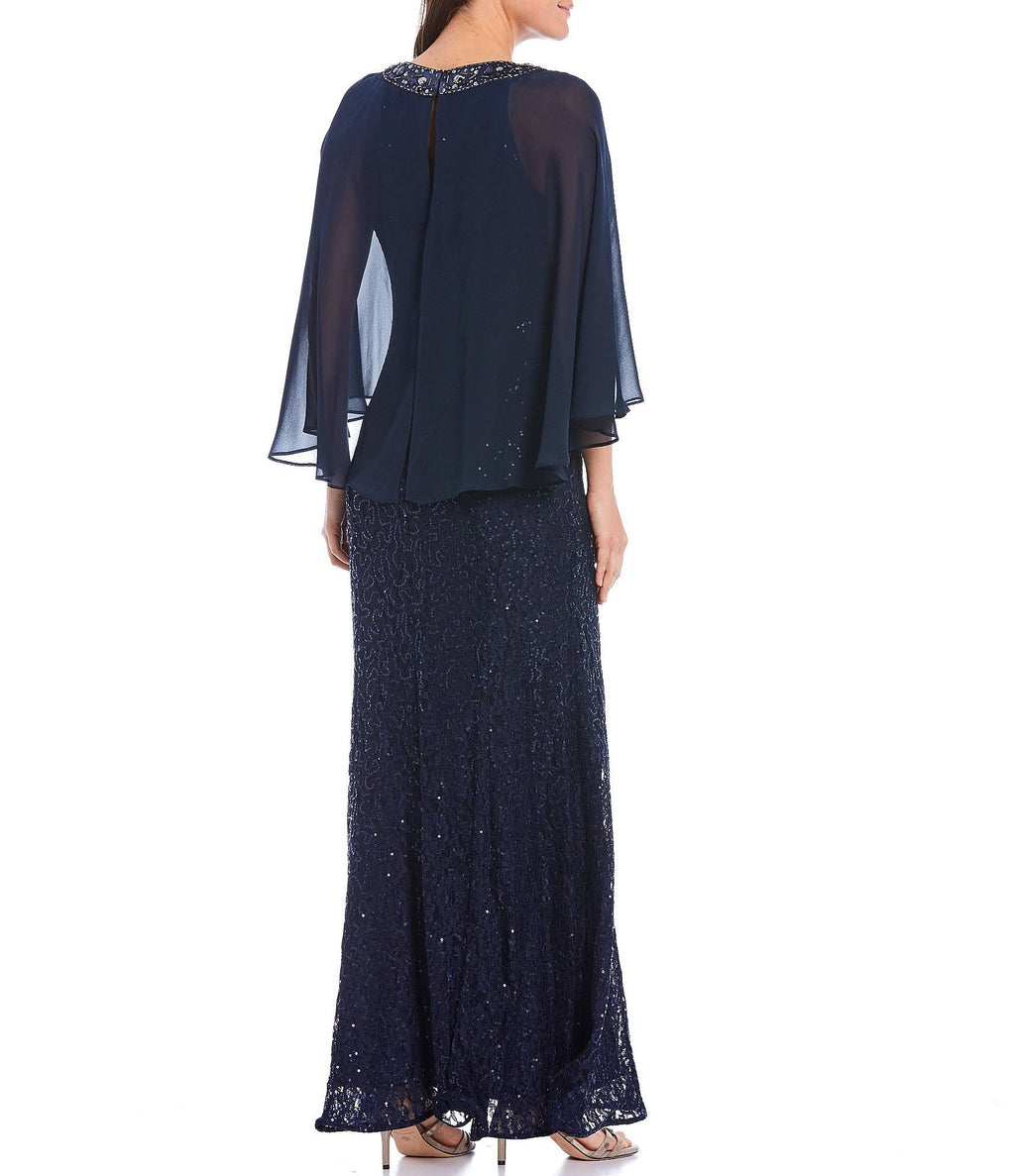 Sequin Lace Chiffon Capelet Gown S54494