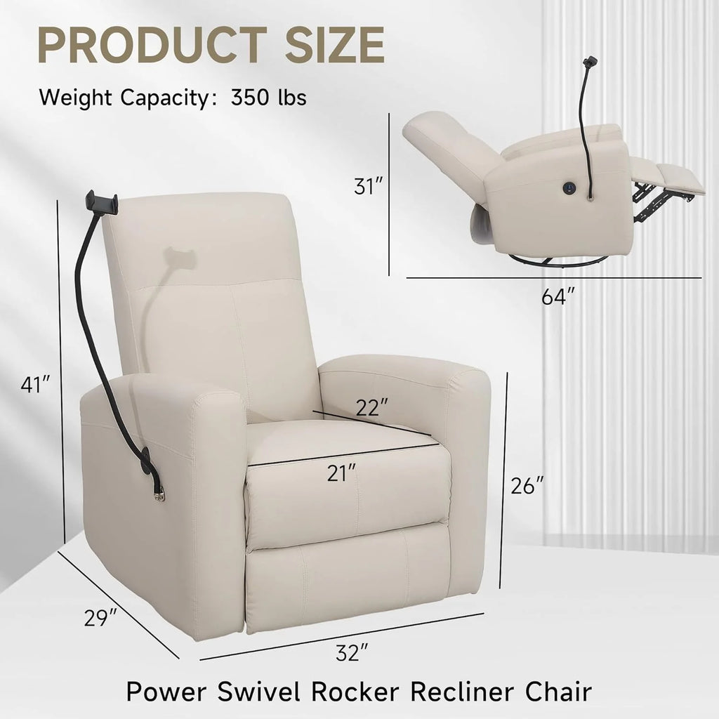 Creamy White Swivel Rocking Power Recliner Chair with USB Port W8282