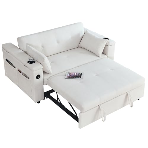 White Chenille 2-Seater Convertible Sofa Bed with USB Power Outlet V797715