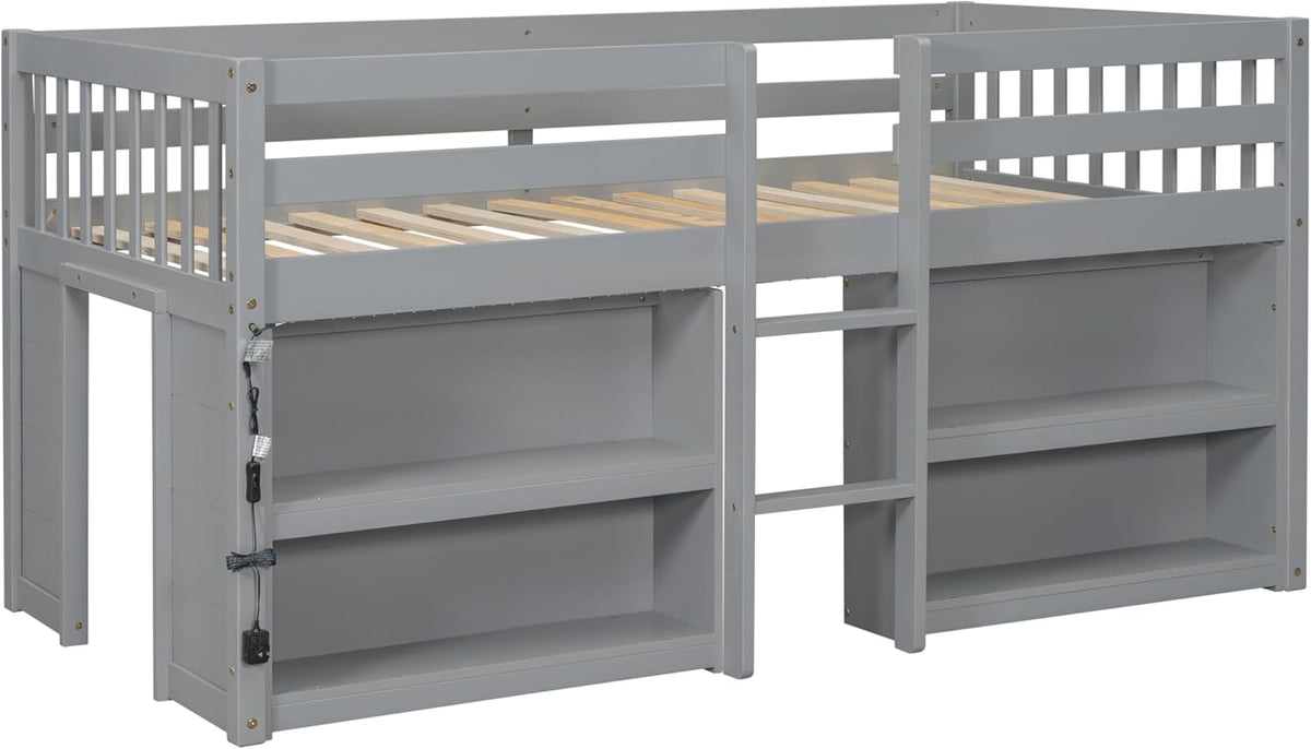 Grey LED Twin Low Loft Bed with Storage Shelves N651