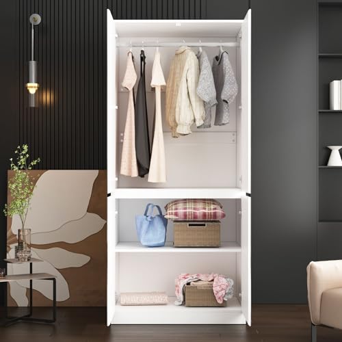 White 4 Door Mirrored Wardrobe Closet with Hanging Rod R46740