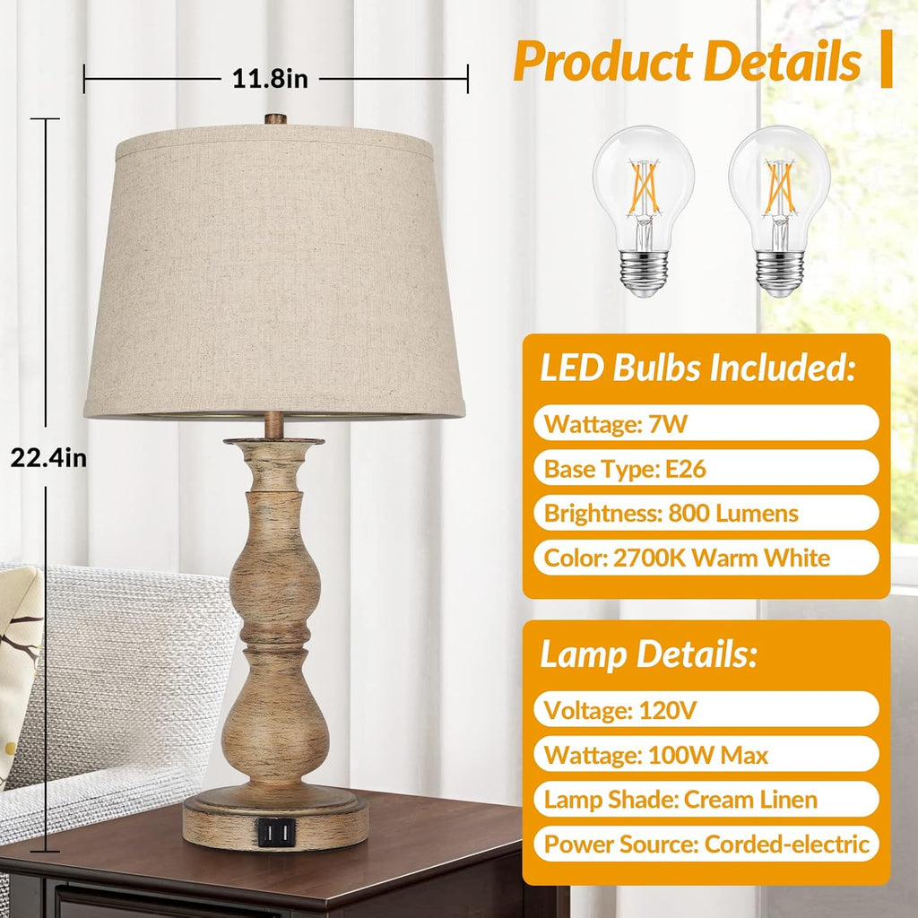 Set of 2 Touch Control Table Lamps with USB Ports, Cream Shades E164