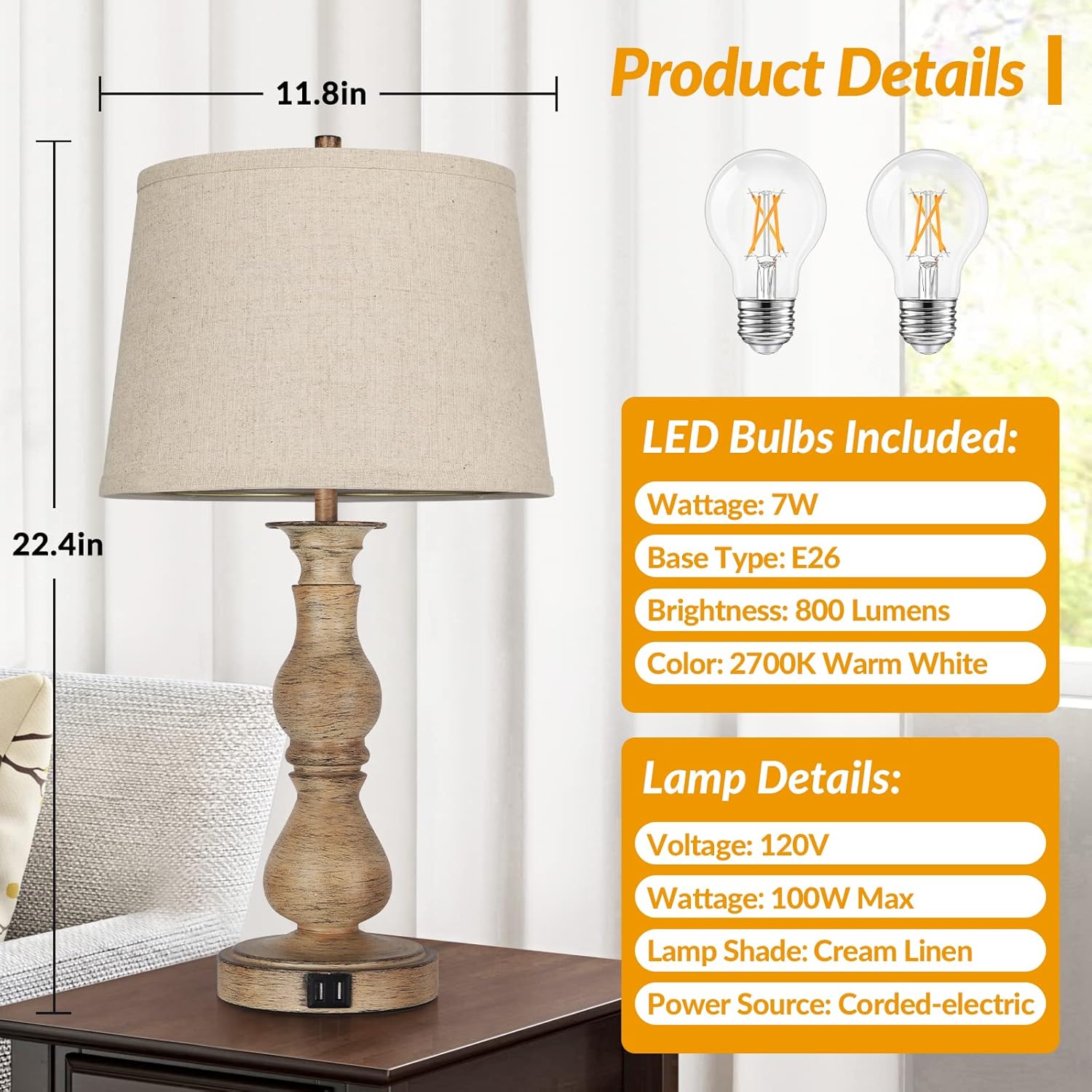 Set of 2 Touch Control Table Lamps with USB Ports, Cream Shades E164